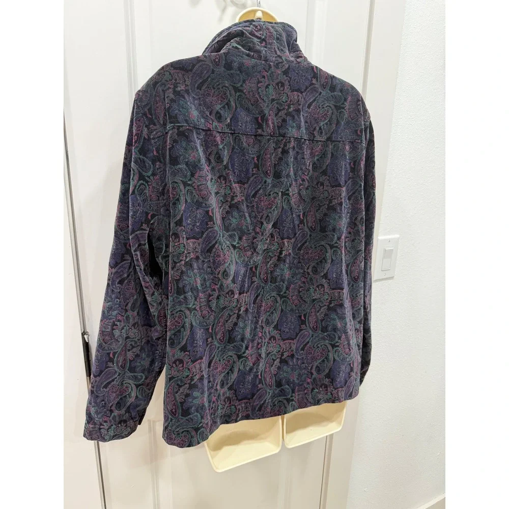 Vintage Paisley Velvet Jacket Women's Button Up Collar Blue Purple‎ Green M